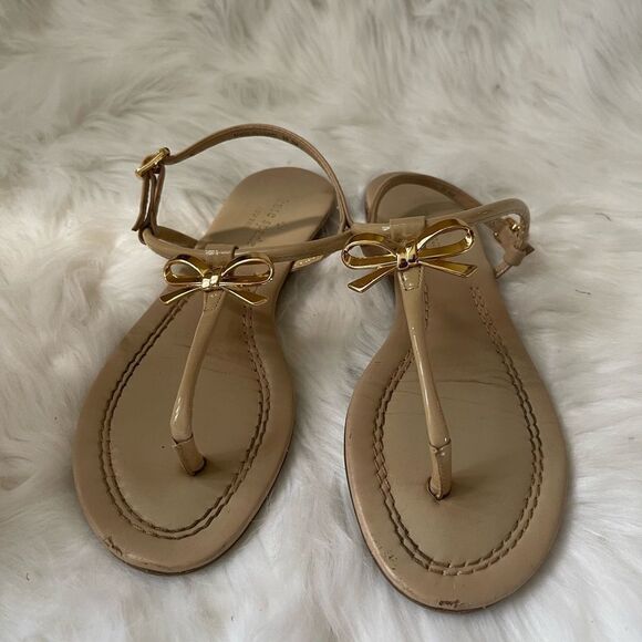 Kate spade  khaki thong sandals embellished with a gold tone bow size 6M - Picture 2 of 10